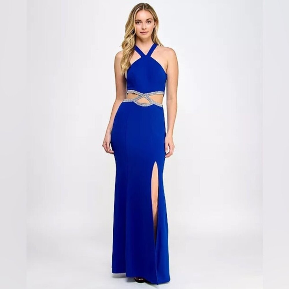 Speechless Embellished Cutout Halter Gown Elegant cobalt Blue Maxi Dress 7